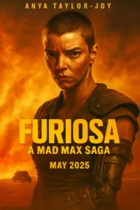 Poster of "Furiosa: A Mad Max Saga" (2025) featuring a fierce Furiosa standing against a post-apocalyptic desert backdrop, with war vehicles in the distance and a fiery orange sky overhead