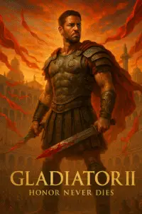 Gladiator II movie poster featuring a Roman warrior in armor standing in the Colosseum with a sword, sunset background, and dramatic crowd